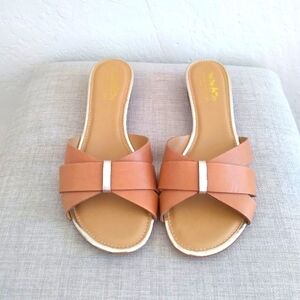 Like New! Coach And Four Tan Slide Sandals With Gold Trim